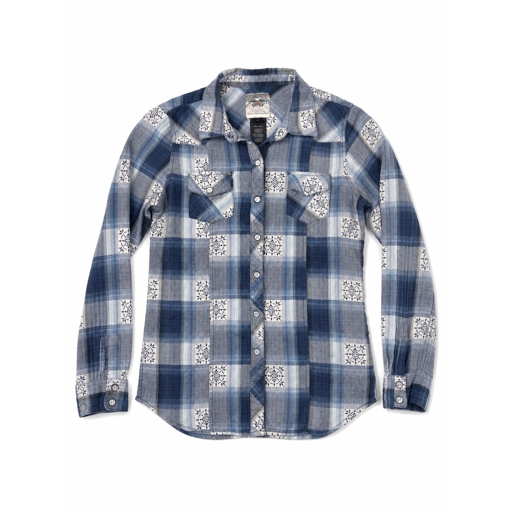 Harley-Davidson‎ vintage Womens Blue Plaid Bandana Print Snap Front Shirt M